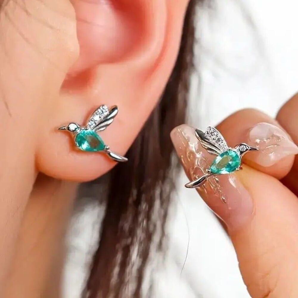Adorable Bird Earrings with Aquamarine Colored accent Stone